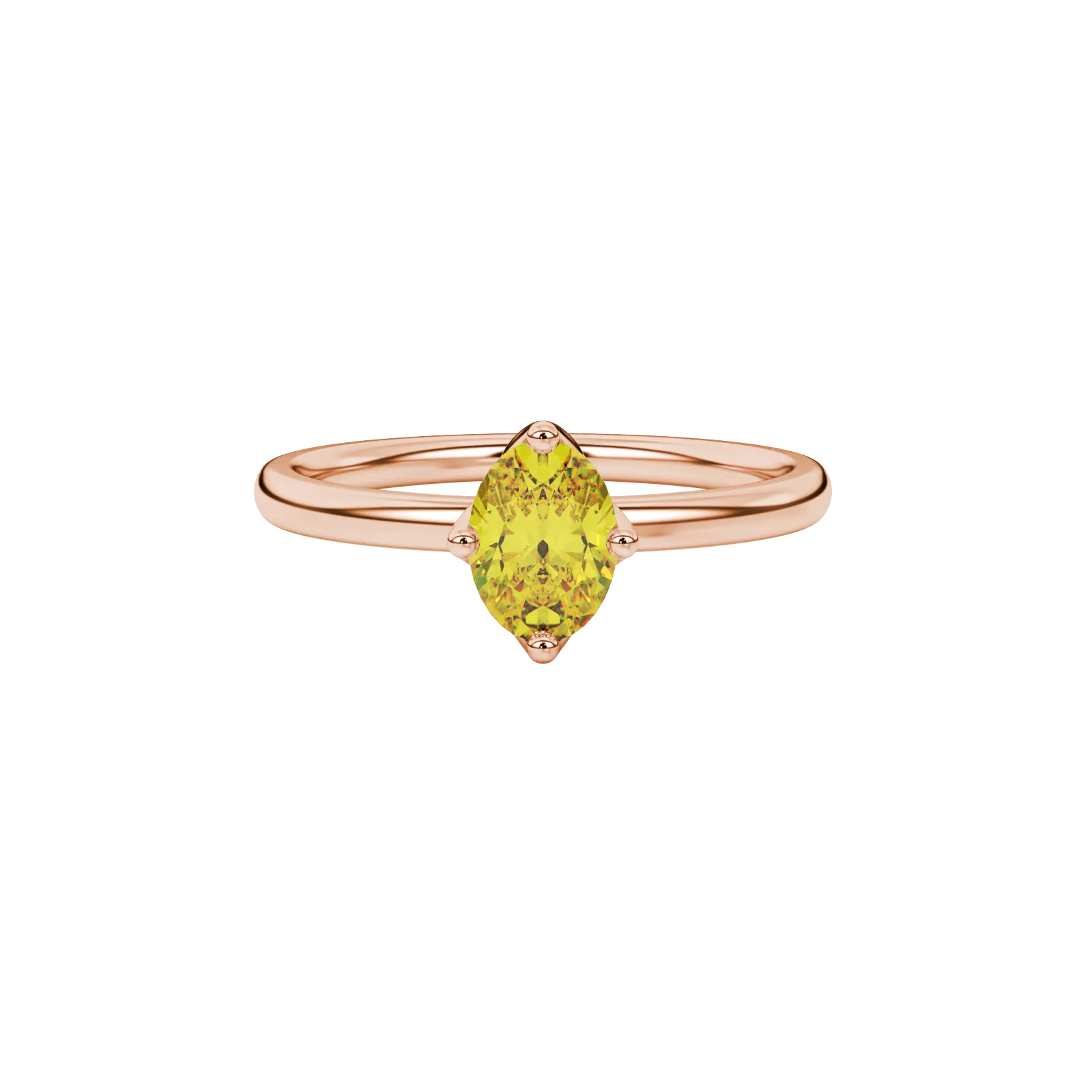 Close-up, oval cut canary yellow gemstone ring, rose gold tulip basket.