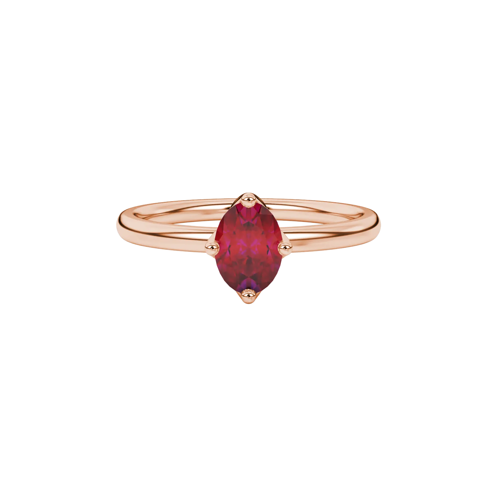 Close-up, oval cut raspberry red gemstone ring, rose gold tulip basket.