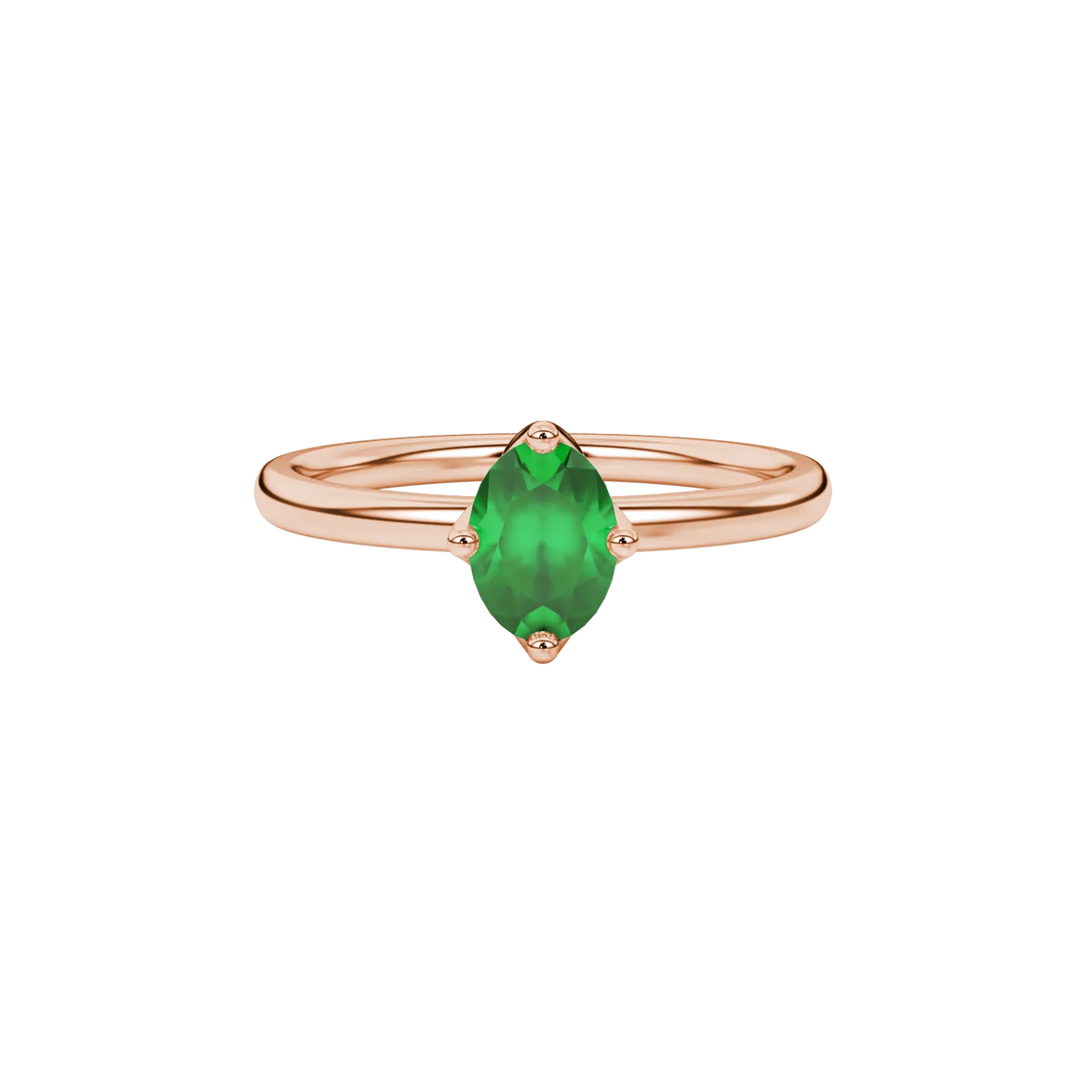 Close-up, oval cut emerald green gemstone ring, rose gold tulip basket.