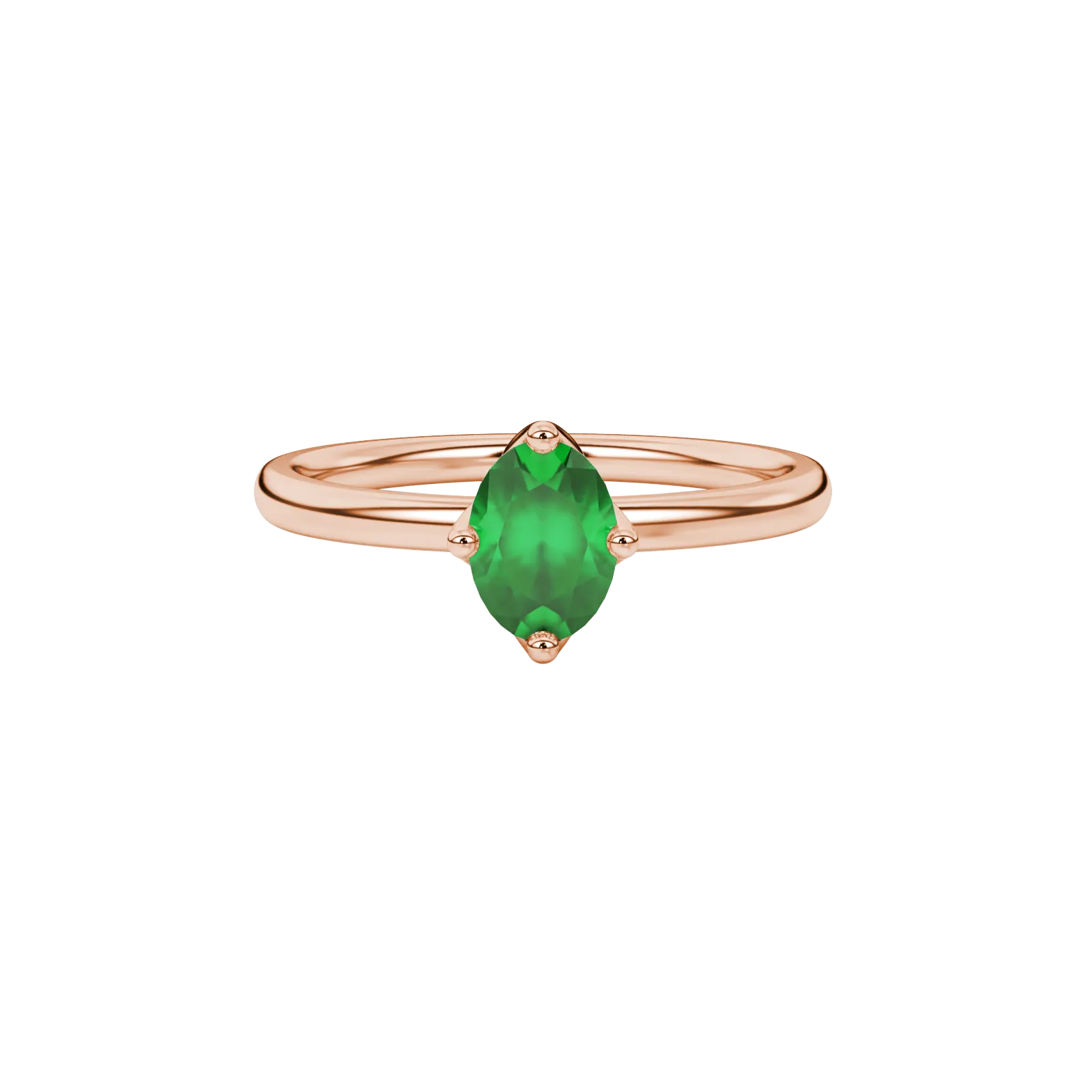 Close-up, oval cut emerald green gemstone ring, rose gold tulip basket.