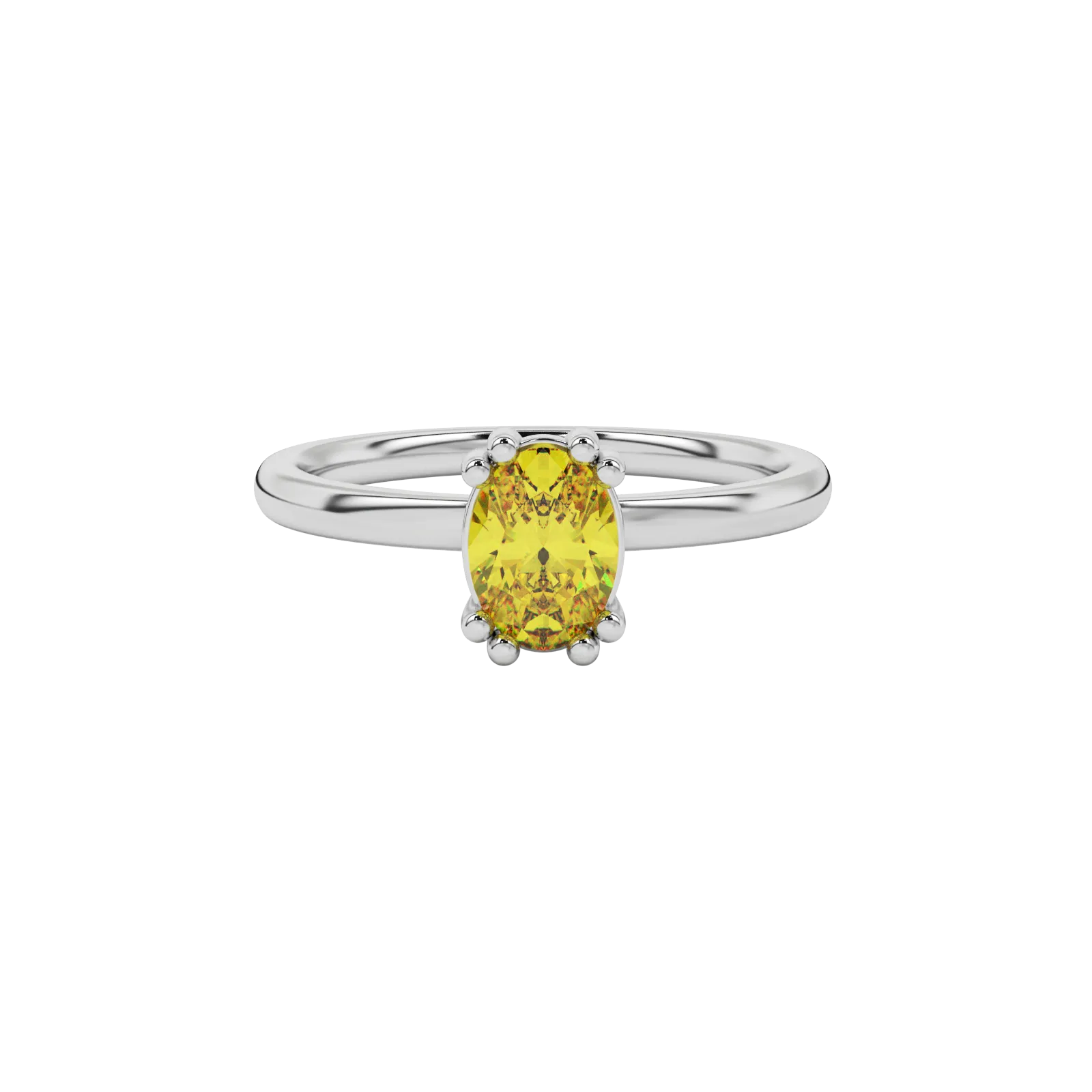 Close-up oval cut canary yellow gemstone ring, white gold vintage basket.