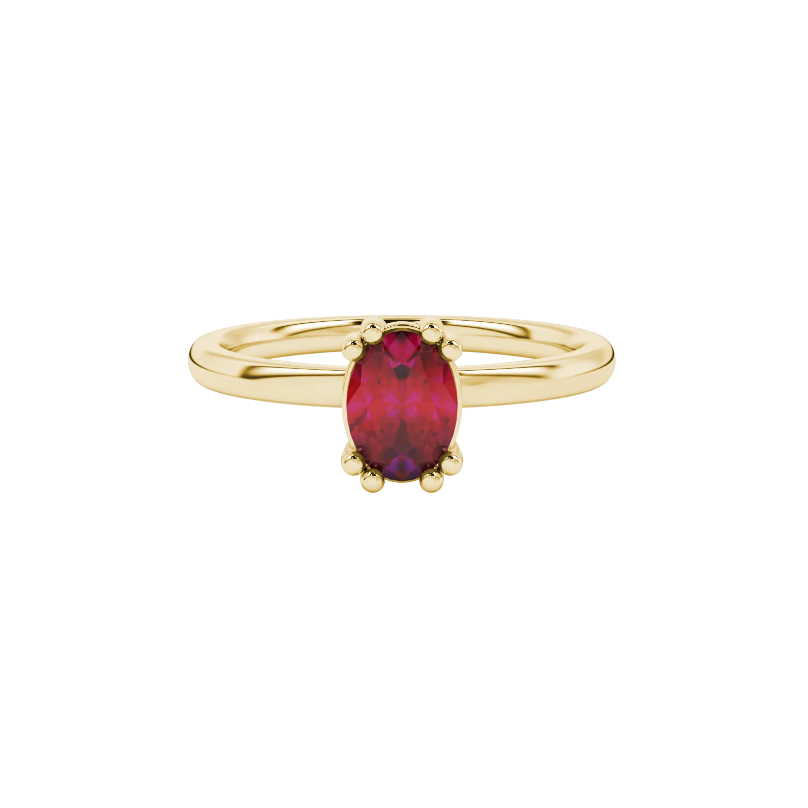 Close-up, oval cut raspberry red gemstone, yellow gold vintage basket ring.