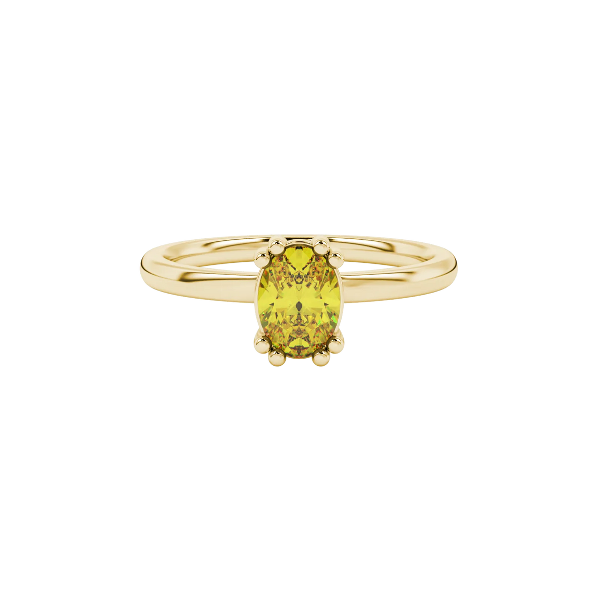 Close-up, oval cut canary yellow gemstone, yellow gold vintage basket ring.