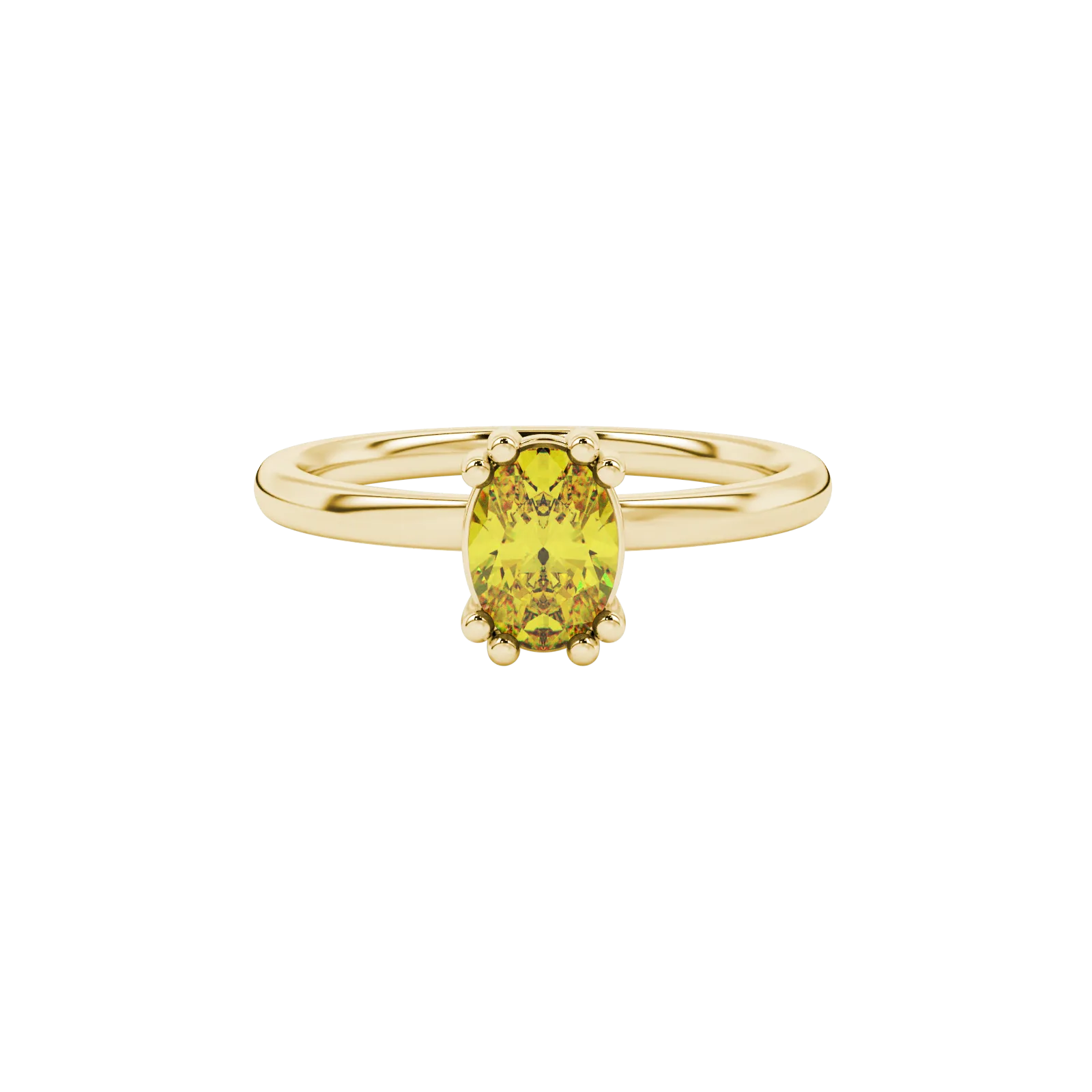 Close-up, oval cut canary yellow gemstone, yellow gold vintage basket ring.