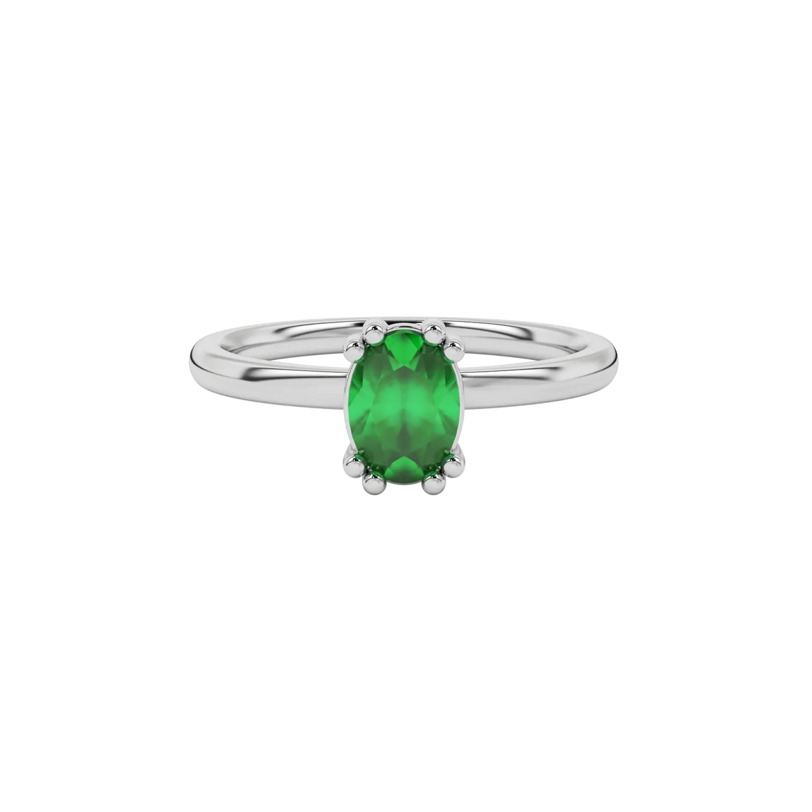 Close-up oval cut emerald green gemstone ring, white gold vintage basket.