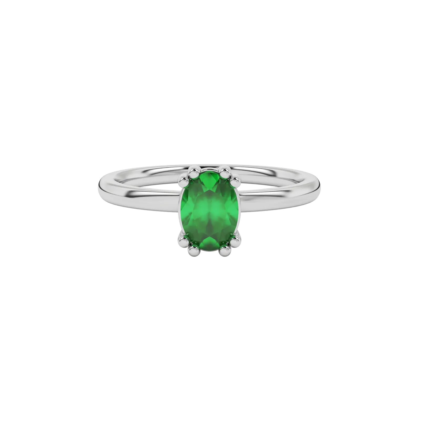 Close-up oval cut emerald green gemstone ring, white gold vintage basket.