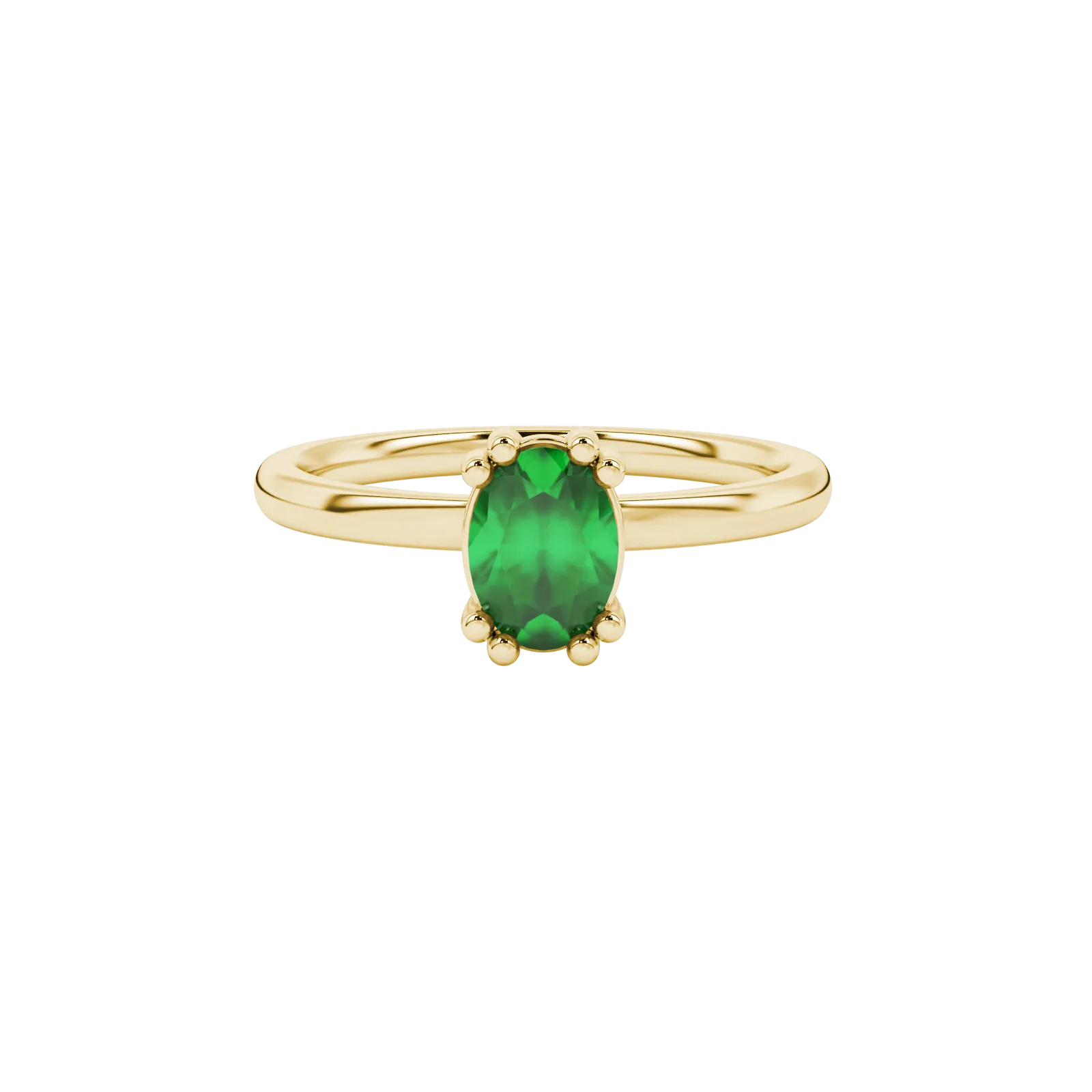 Close-up, oval cut emerald green gemstone, yellow gold vintage basket ring.