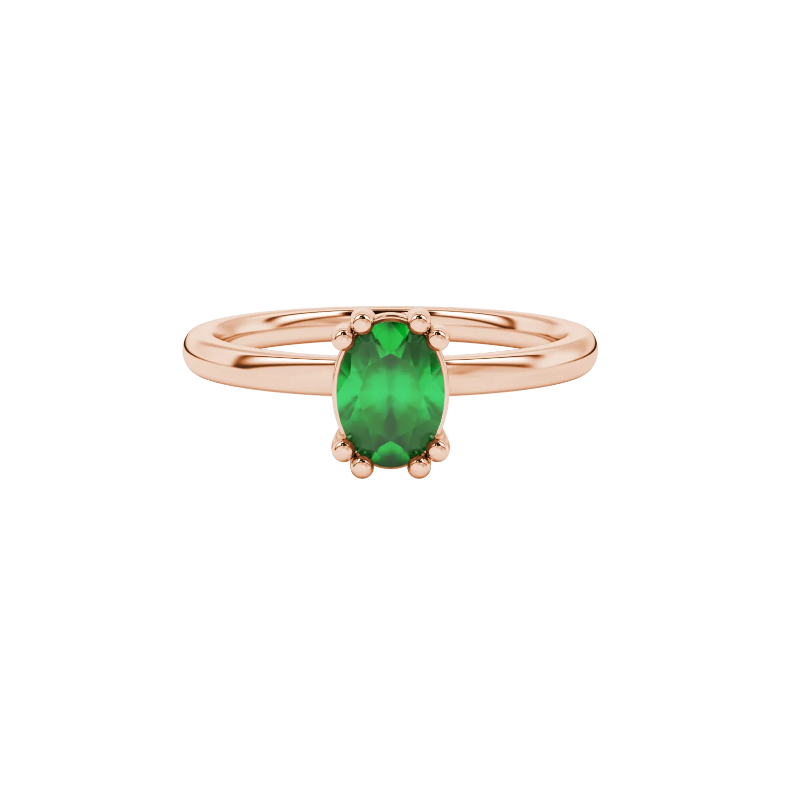 Close-up, oval cut emerald green gemstone ring, rose gold vintage basket.