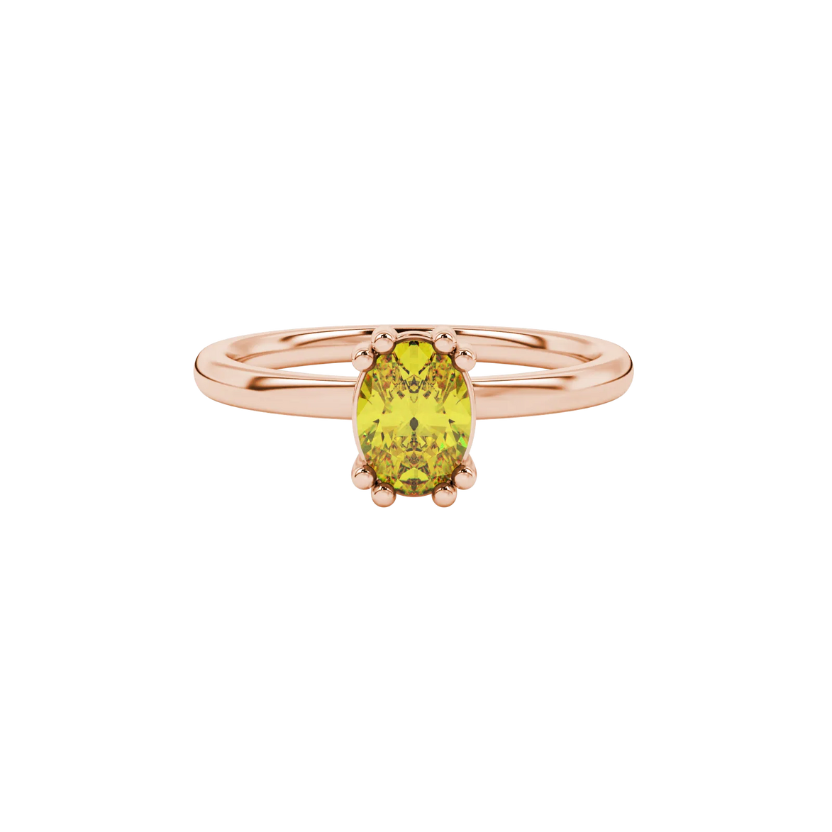 Close-up, oval cut canary yellow gemstone ring, rose gold vintage basket.