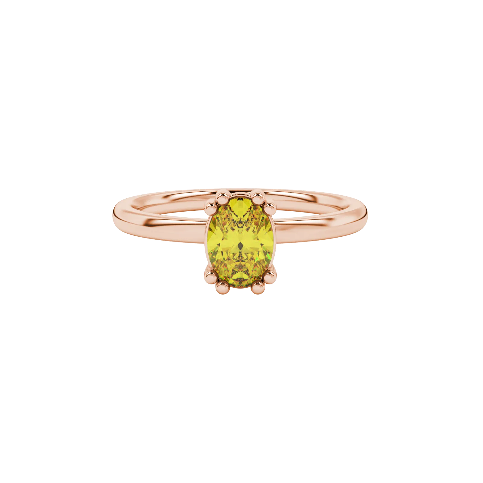 Close-up, oval cut canary yellow gemstone ring, rose gold vintage basket.
