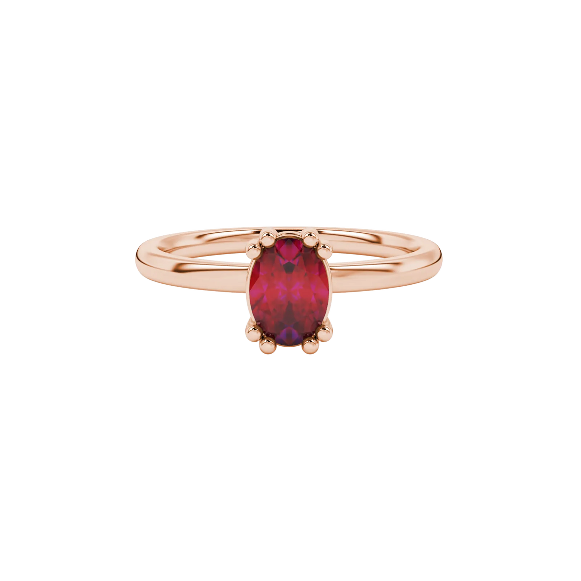 Close-up, oval cut raspberry red gemstone ring, rose gold vintage basket.