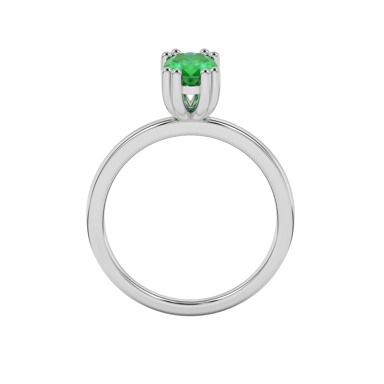 Oval cut emerald green gemstone ring, white gold vintage basket setting.