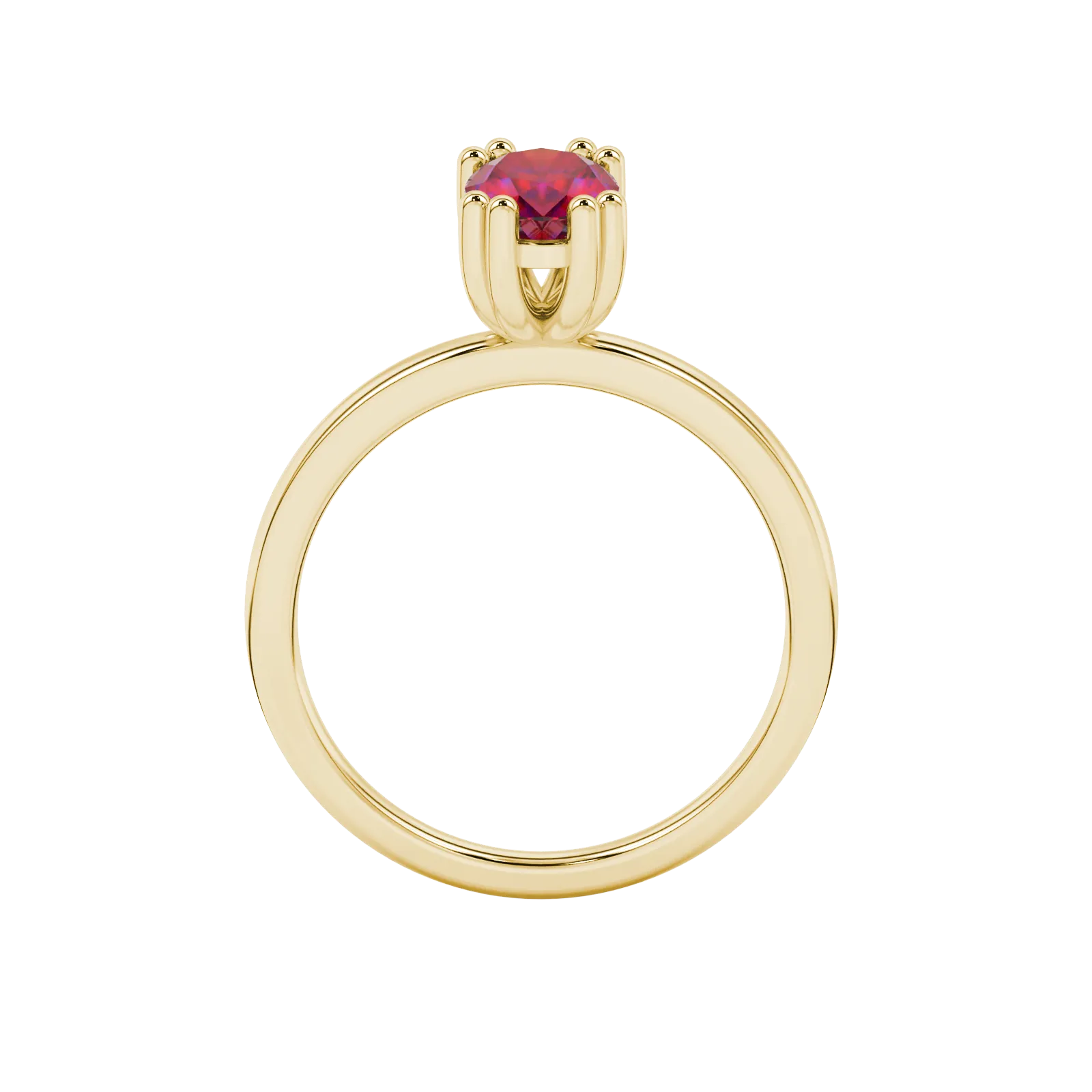 Oval cut raspberry red gemstone ring, yellow gold vintage basket setting.