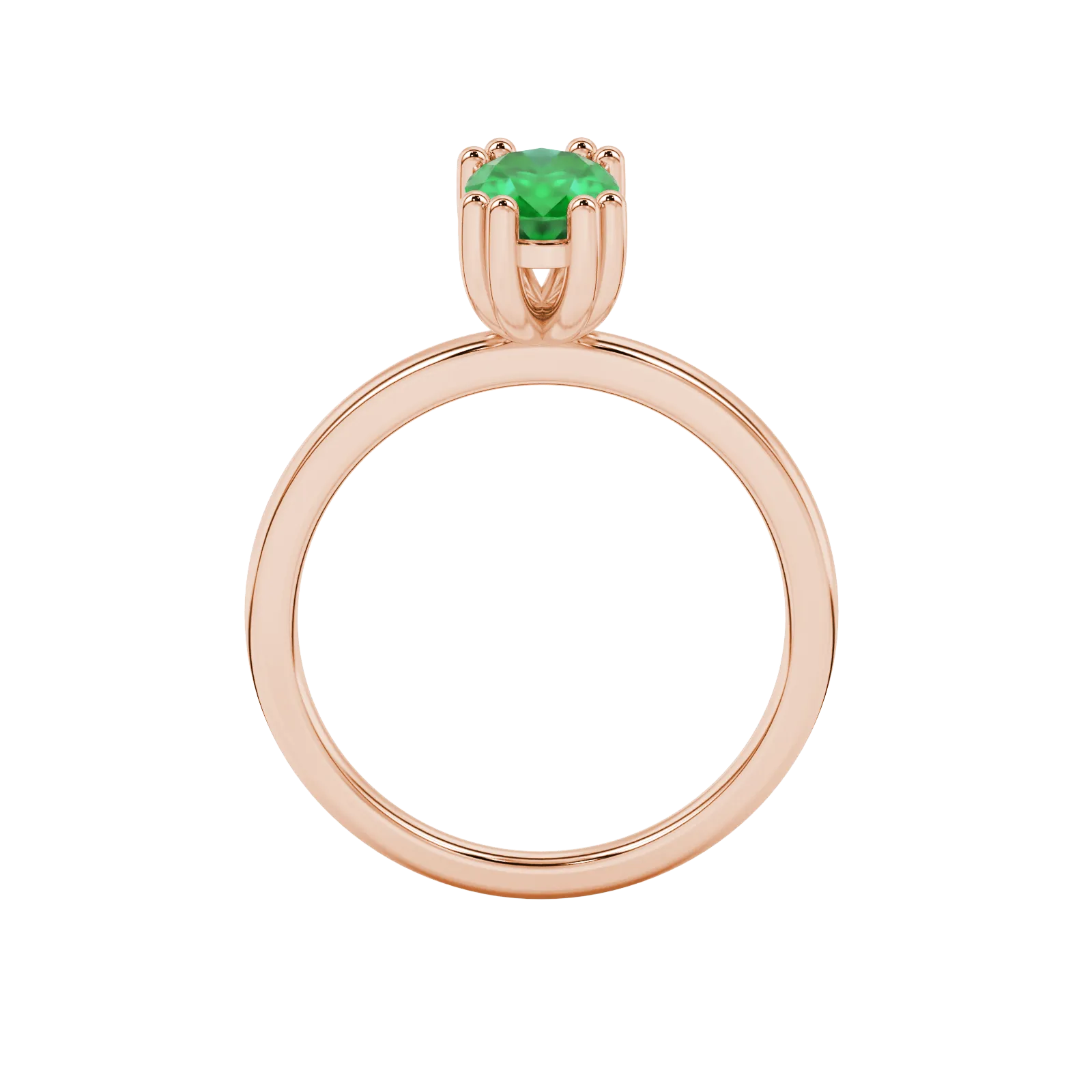 Oval cut emerald green gemstone ring, rose gold vintage basket setting.