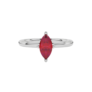 Close-up marquise cut raspberry red gemstone ring, white gold six prong.