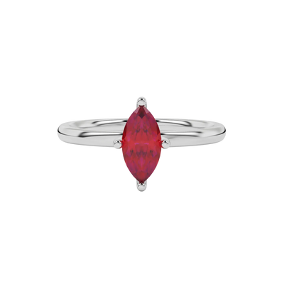Close-up marquise cut raspberry red gemstone ring, white gold six prong.