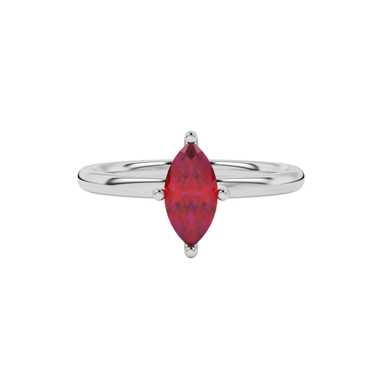 Close-up marquise cut raspberry red gemstone ring, white gold six prong.