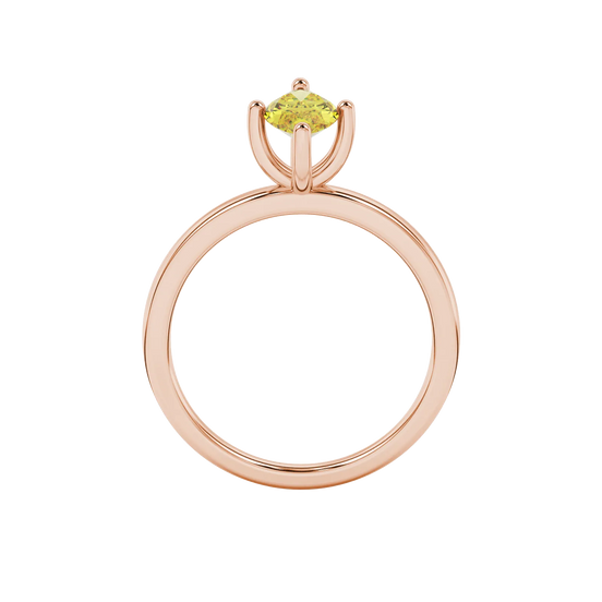 Marquise cut canary yellow gemstone ring, rose gold six prong setting.