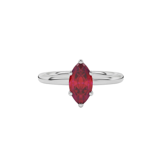 Close-up marquise cut raspberry red gemstone ring, white gold classic basket.