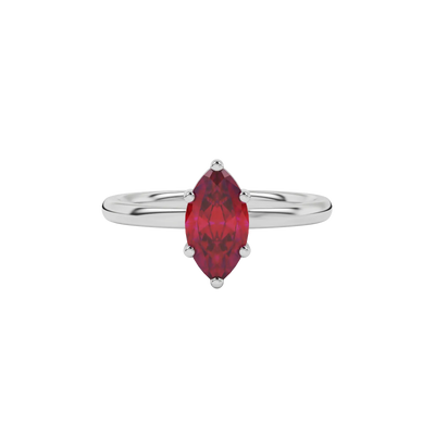 Close-up marquise cut raspberry red gemstone ring, white gold classic basket.