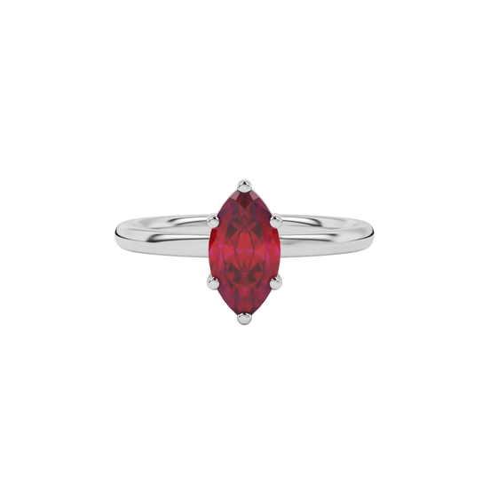 Close-up marquise cut raspberry red gemstone ring, white gold classic basket.