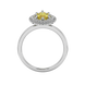 Marquise cut canary yellow gemstone ring, white gold falling edge halo setting.