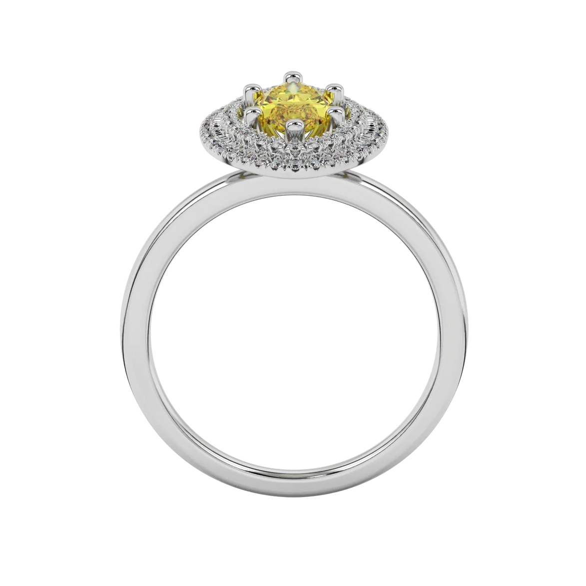 Marquise cut canary yellow gemstone ring, white gold falling edge halo setting.