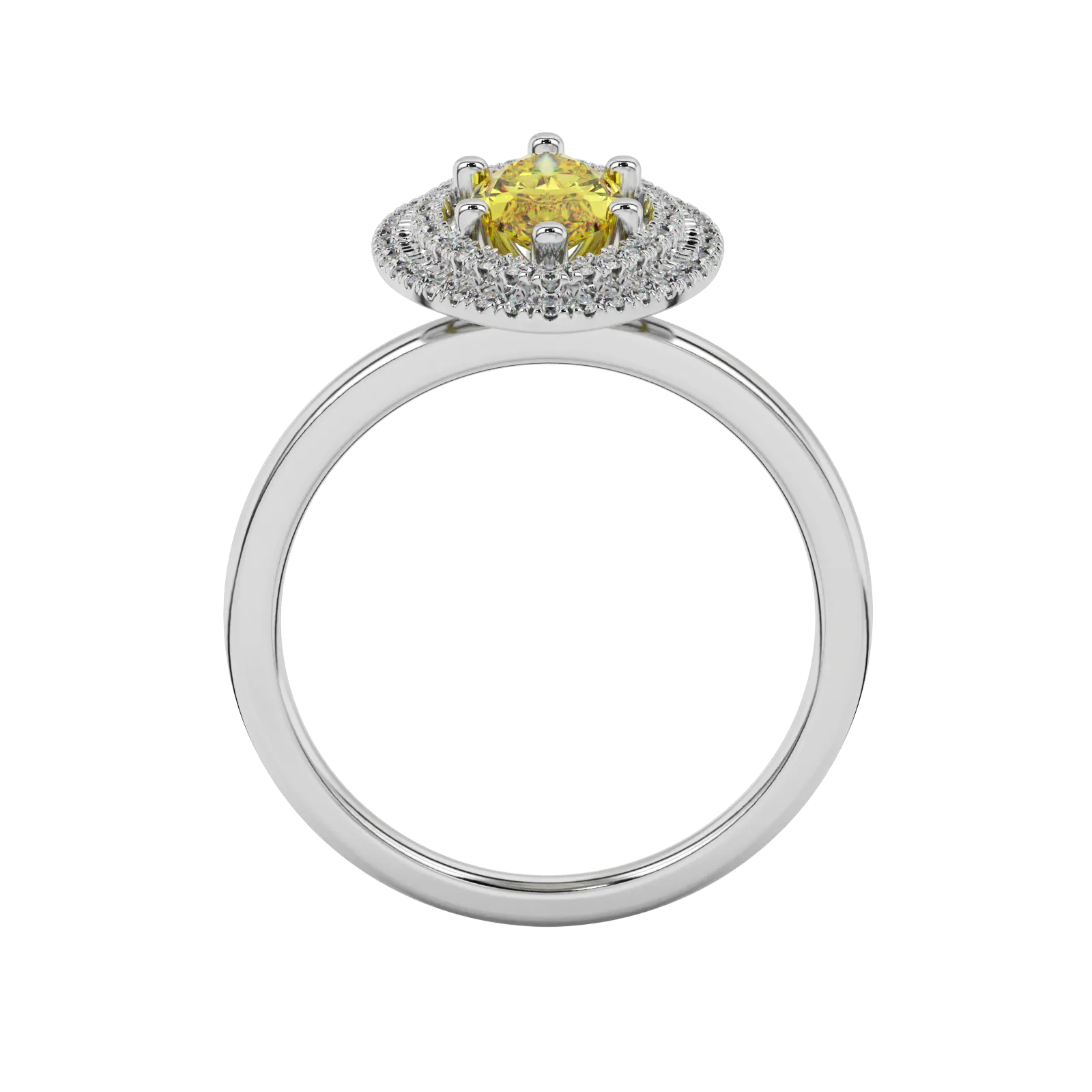 Marquise cut canary yellow gemstone ring, white gold falling edge halo setting.