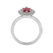 Marquise cut raspberry red gemstone ring, white gold falling edge halo setting.
