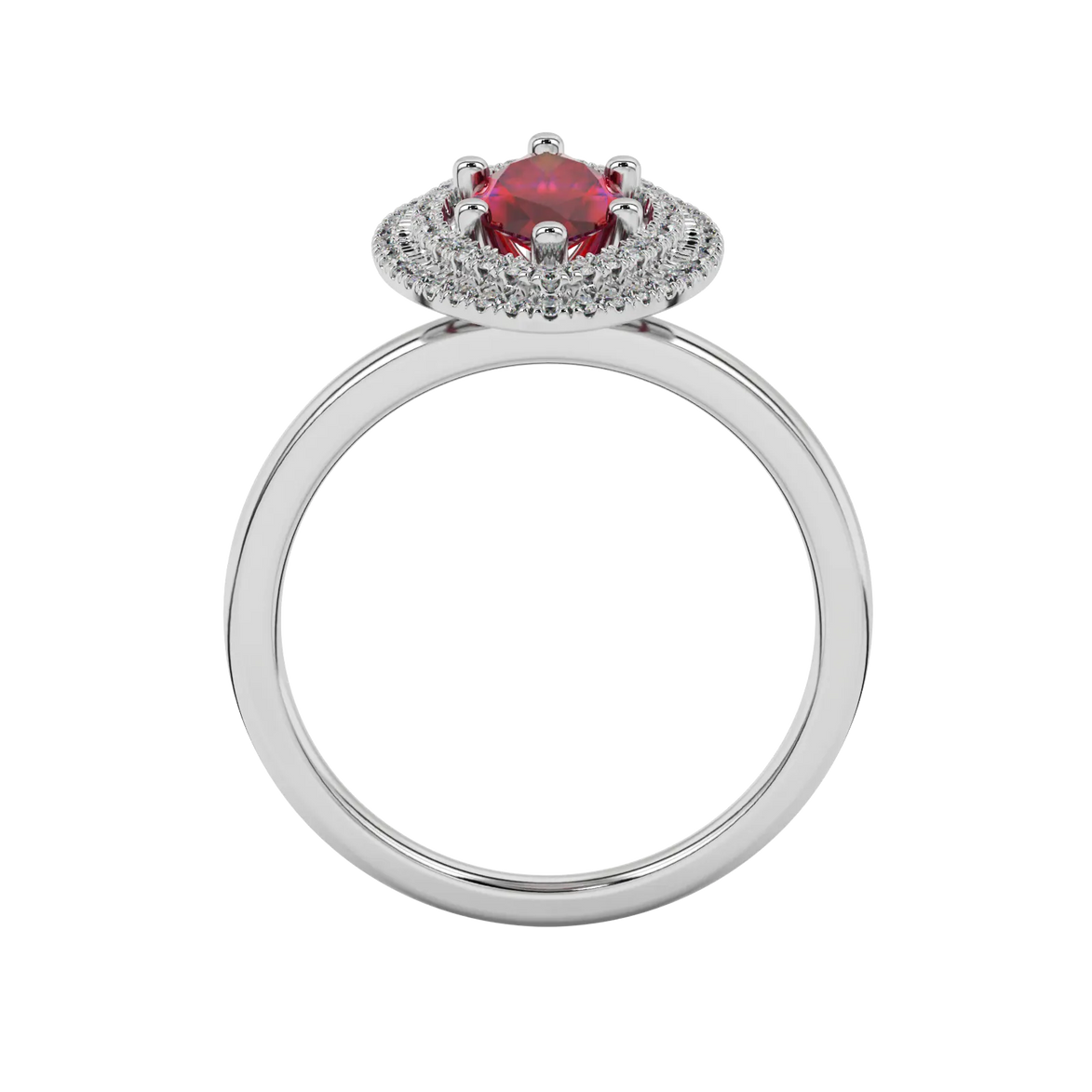 Marquise cut raspberry red gemstone ring, white gold falling edge halo setting.