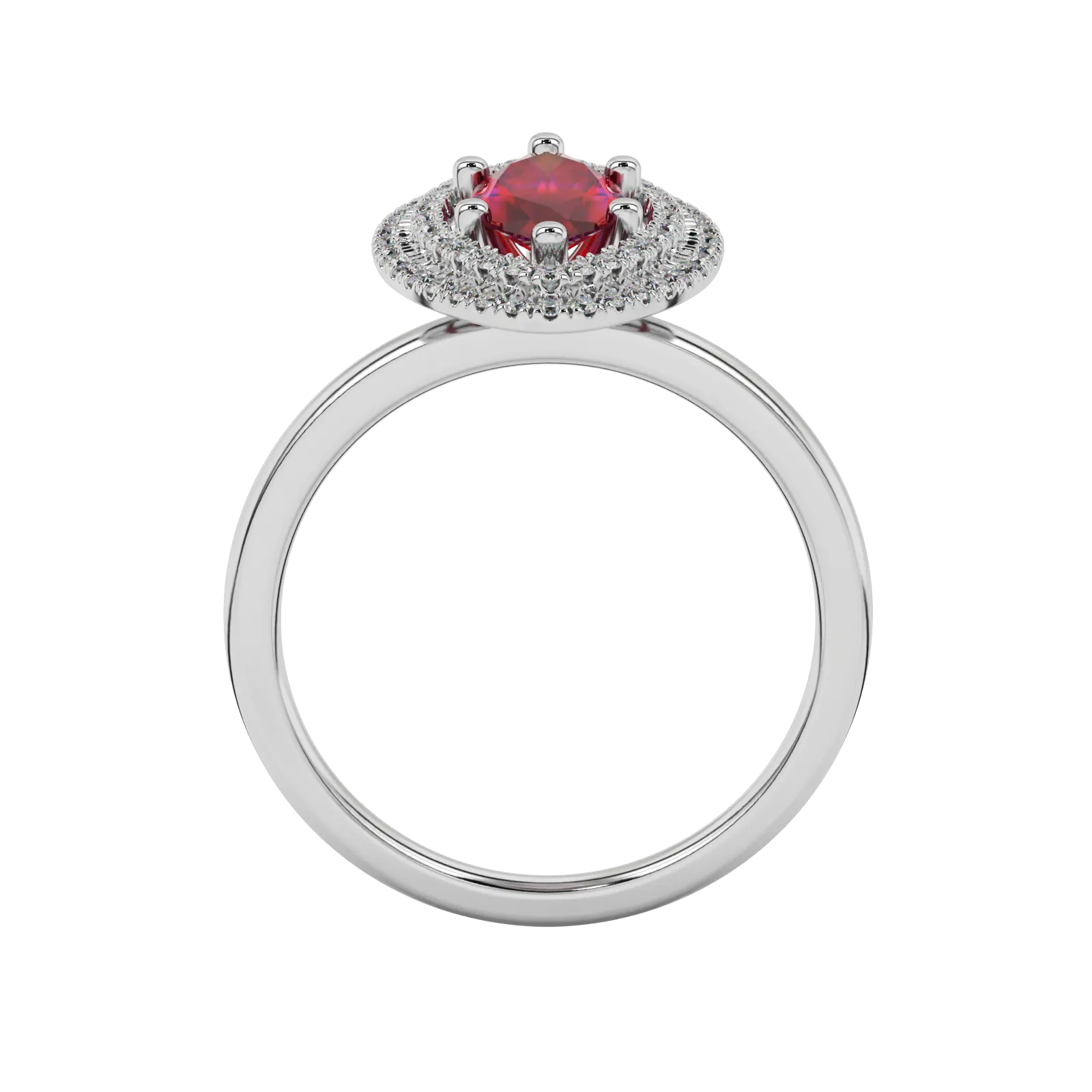 Marquise cut raspberry red gemstone ring, white gold falling edge halo setting.