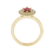 Marquise cut raspberry red gemstone ring, yellow gold falling edge halo setting.