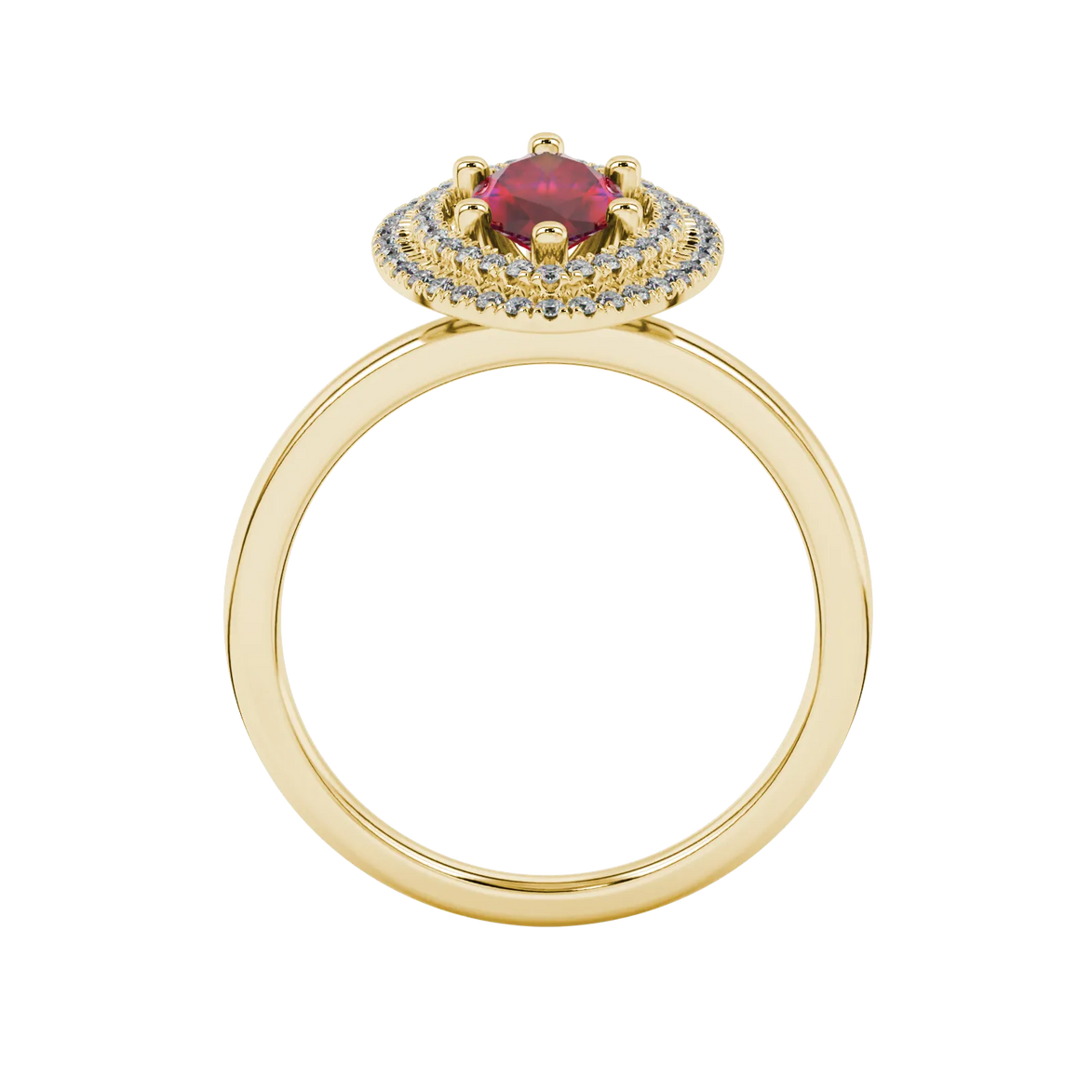 Marquise cut raspberry red gemstone ring, yellow gold falling edge halo setting.