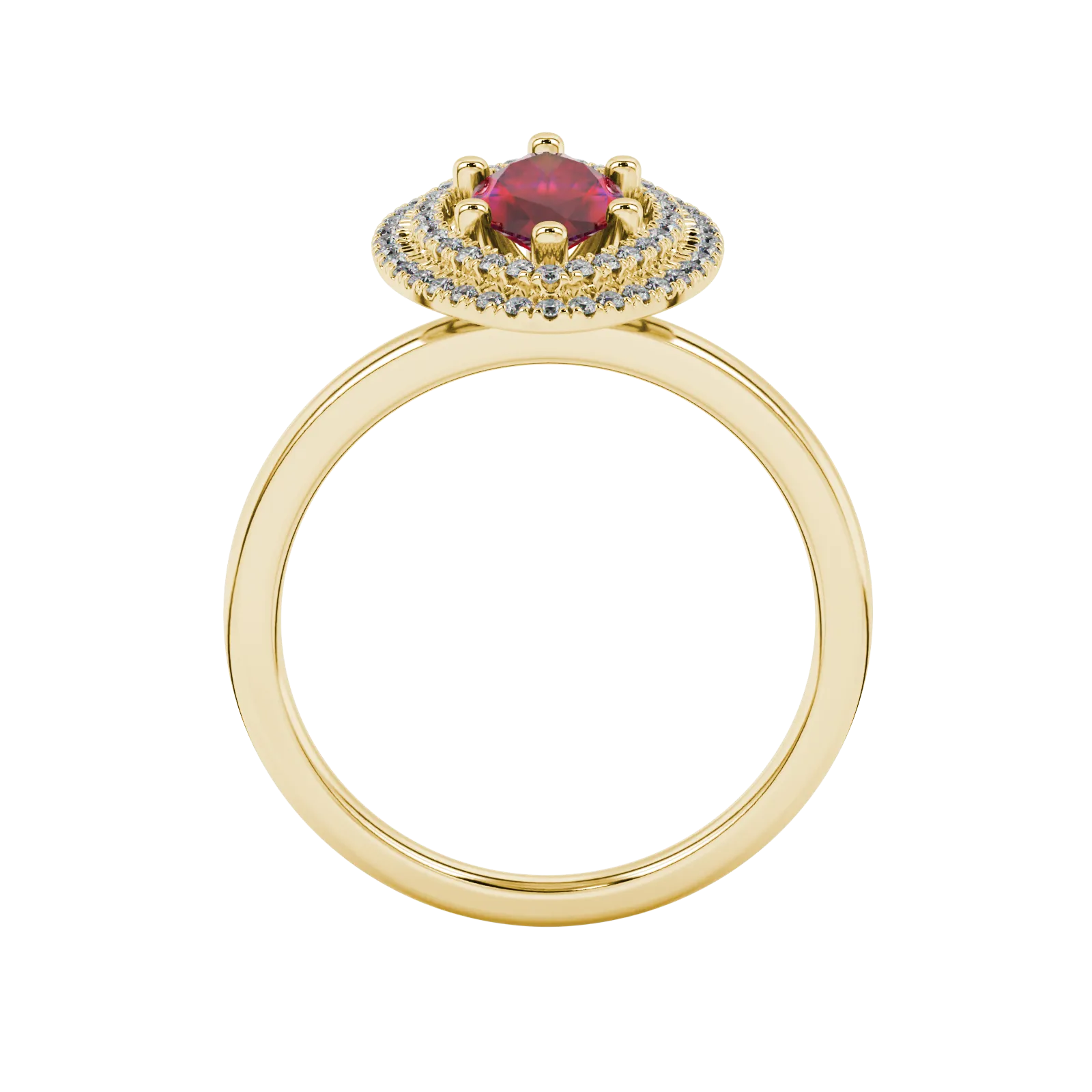 Marquise cut raspberry red gemstone ring, yellow gold falling edge halo setting.