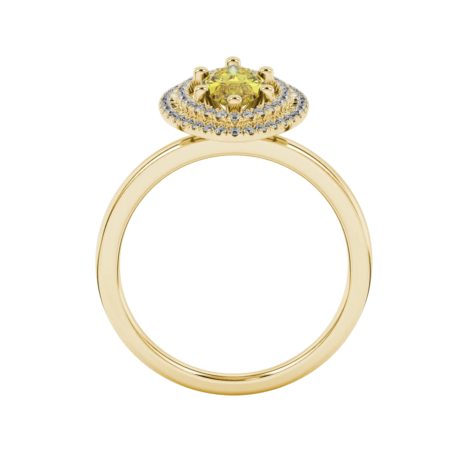 Marquise cut canary yellow gemstone ring, yellow gold falling edge halo setting.