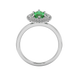 Marquise cut emerald green gemstone ring, white gold falling edge halo setting.