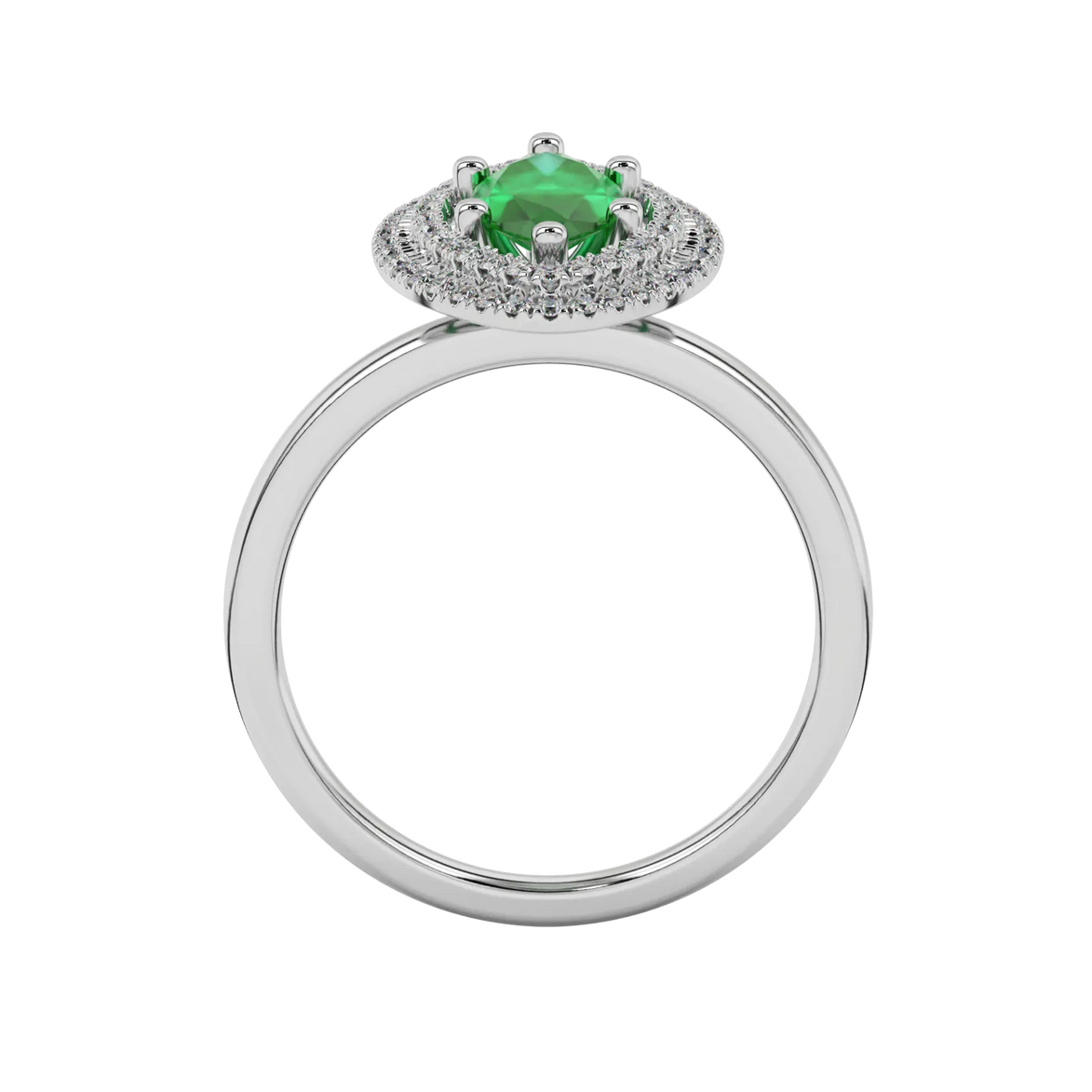 Marquise cut emerald green gemstone ring, white gold falling edge halo setting.