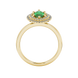 Marquise cut emerald green gemstone ring, yellow gold falling edge halo setting.