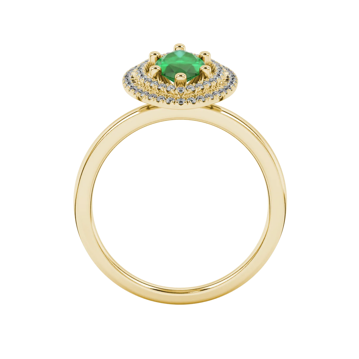 Marquise cut emerald green gemstone ring, yellow gold falling edge halo setting.