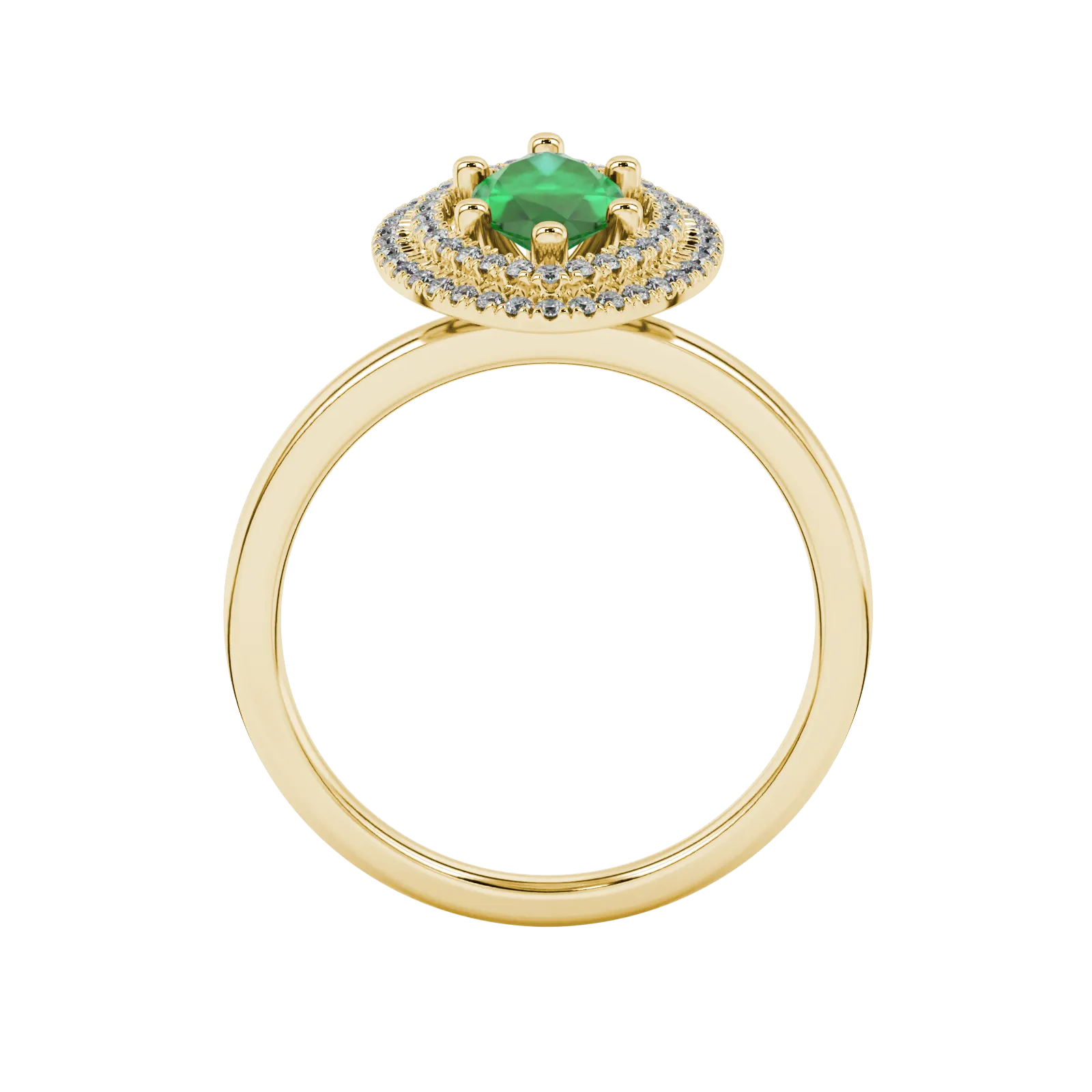 Marquise cut emerald green gemstone ring, yellow gold falling edge halo setting.