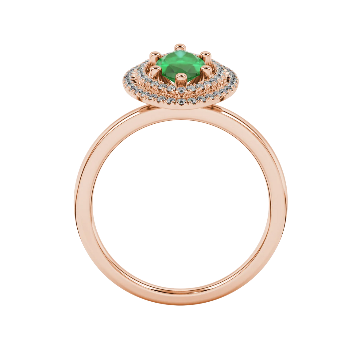 Marquise cut emerald green gemstone ring, rose gold falling edge halo setting.