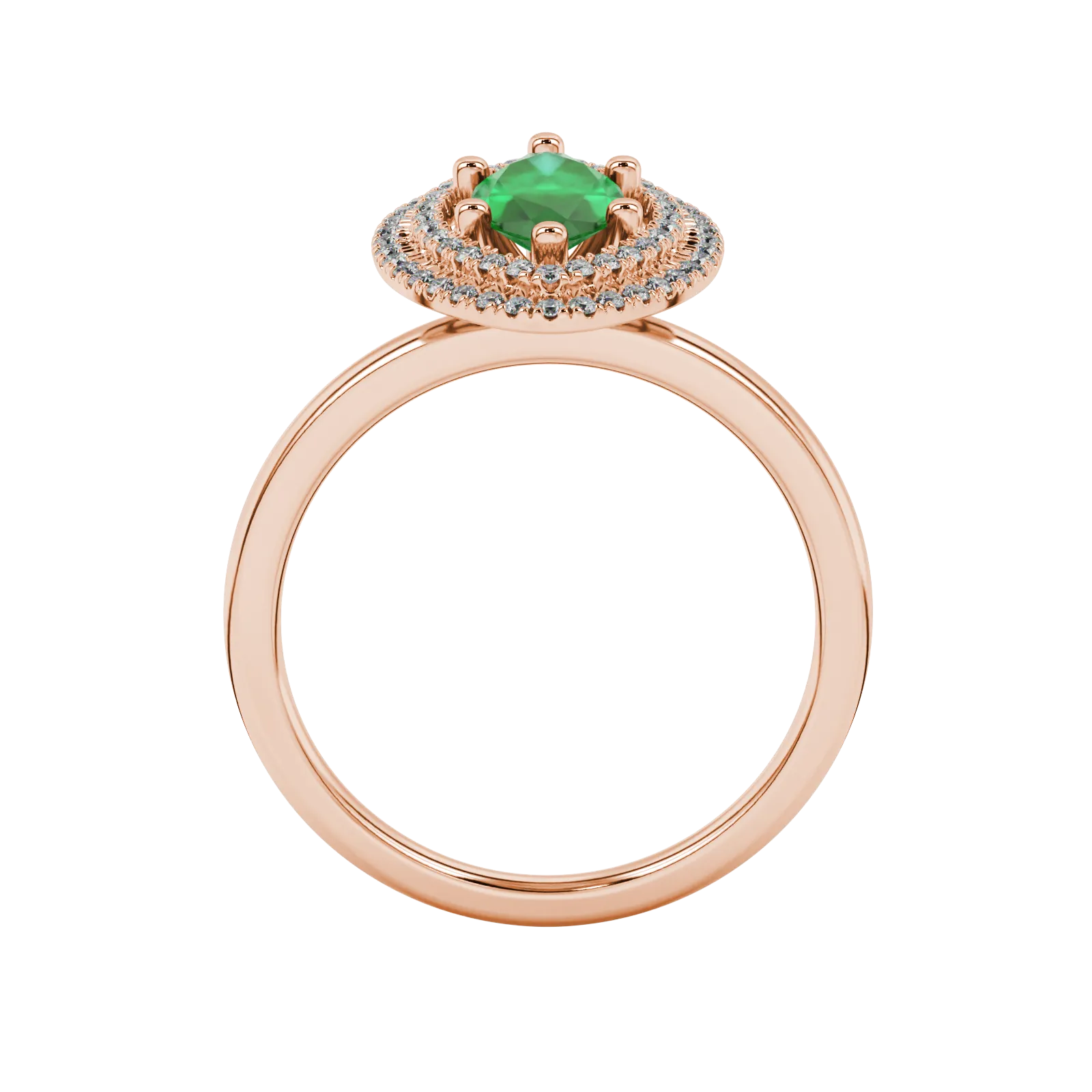 Marquise cut emerald green gemstone ring, rose gold falling edge halo setting.