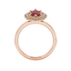 Marquise cut raspberry red gemstone ring, rose gold falling edge halo setting.