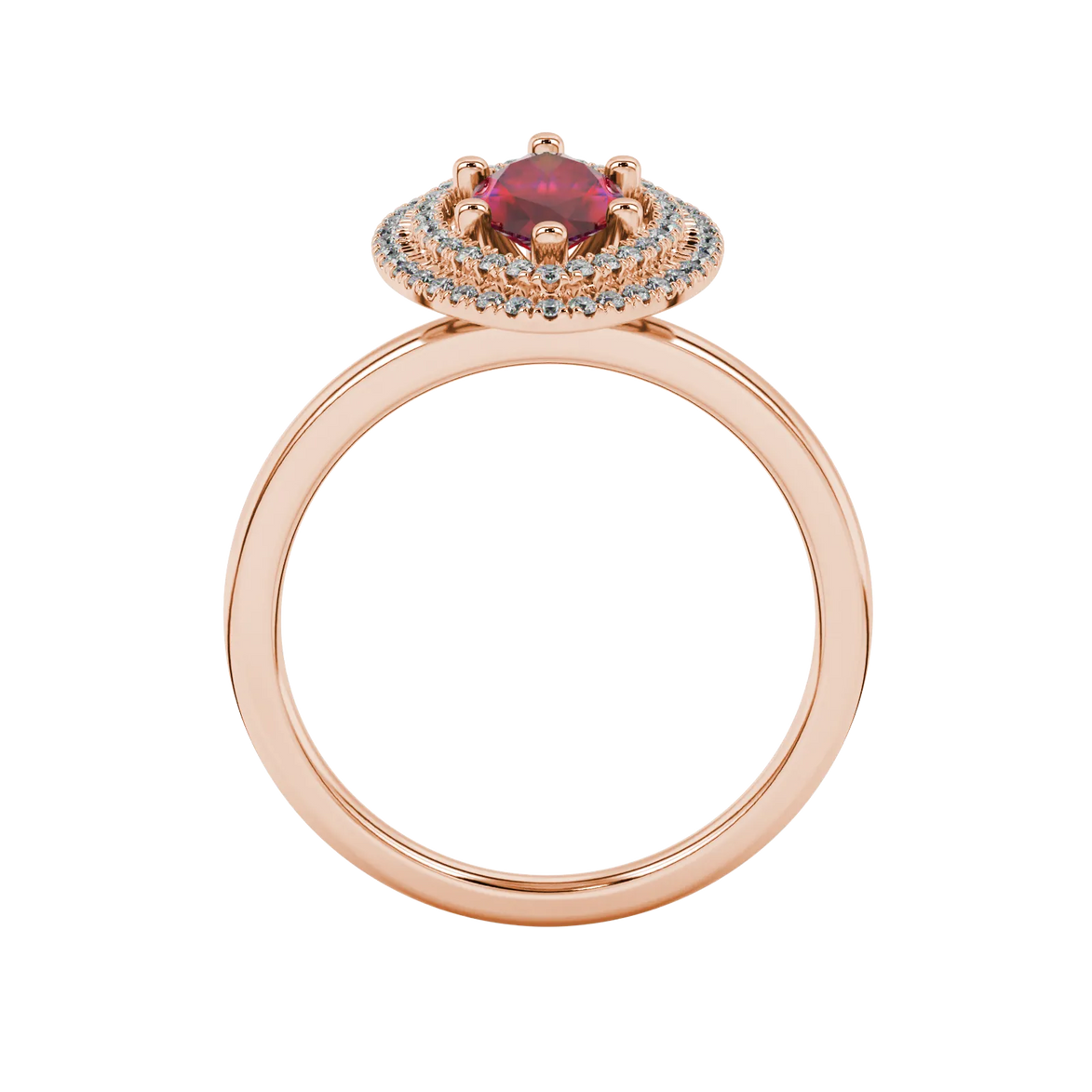 Marquise cut raspberry red gemstone ring, rose gold falling edge halo setting.