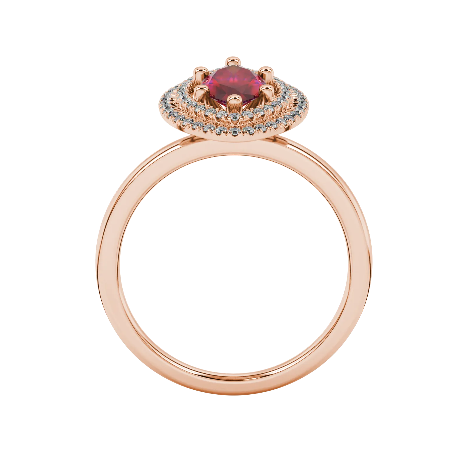 Marquise cut raspberry red gemstone ring, rose gold falling edge halo setting.