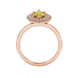Marquise cut canary yellow gemstone ring, rose gold falling edge halo setting.