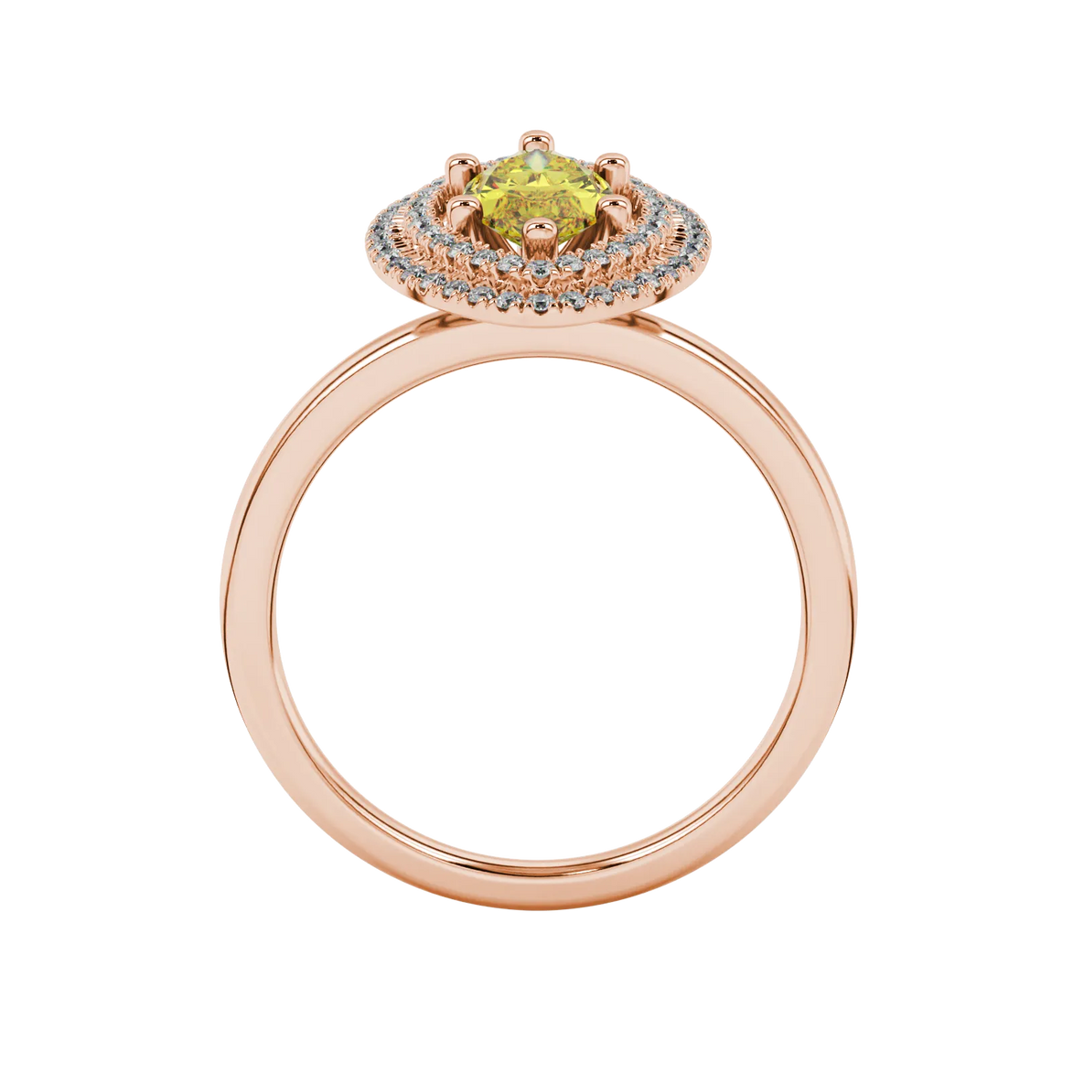 Marquise cut canary yellow gemstone ring, rose gold falling edge halo setting.