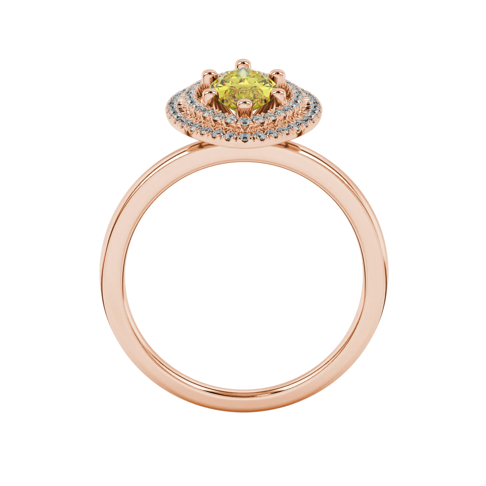 Marquise cut canary yellow gemstone ring, rose gold falling edge halo setting.
