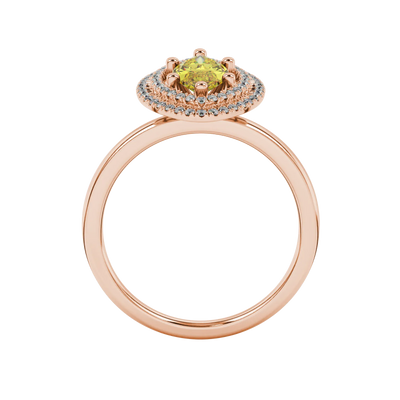 Marquise cut canary yellow gemstone ring, rose gold falling edge halo setting.