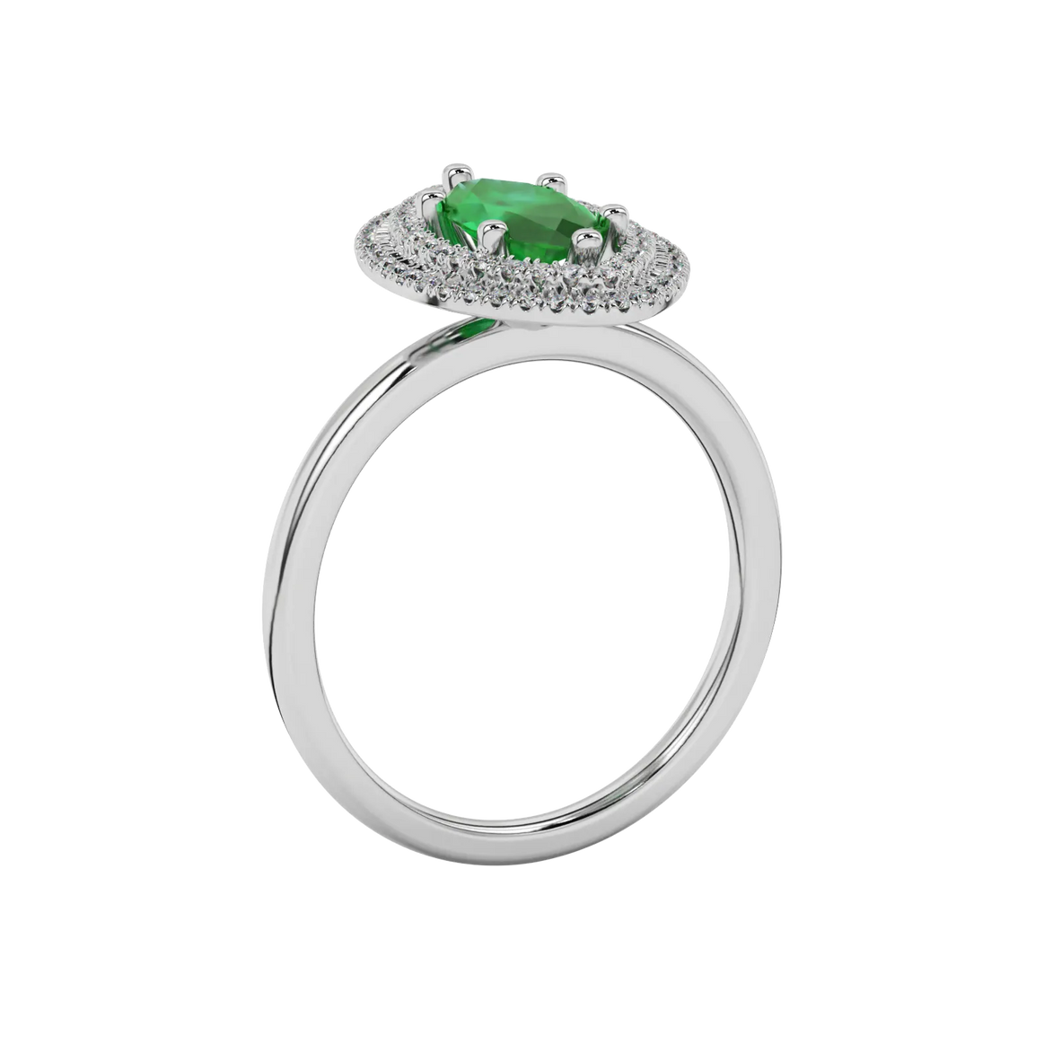 Side profile, white gold emerald green ring, falling edge halo gallery.